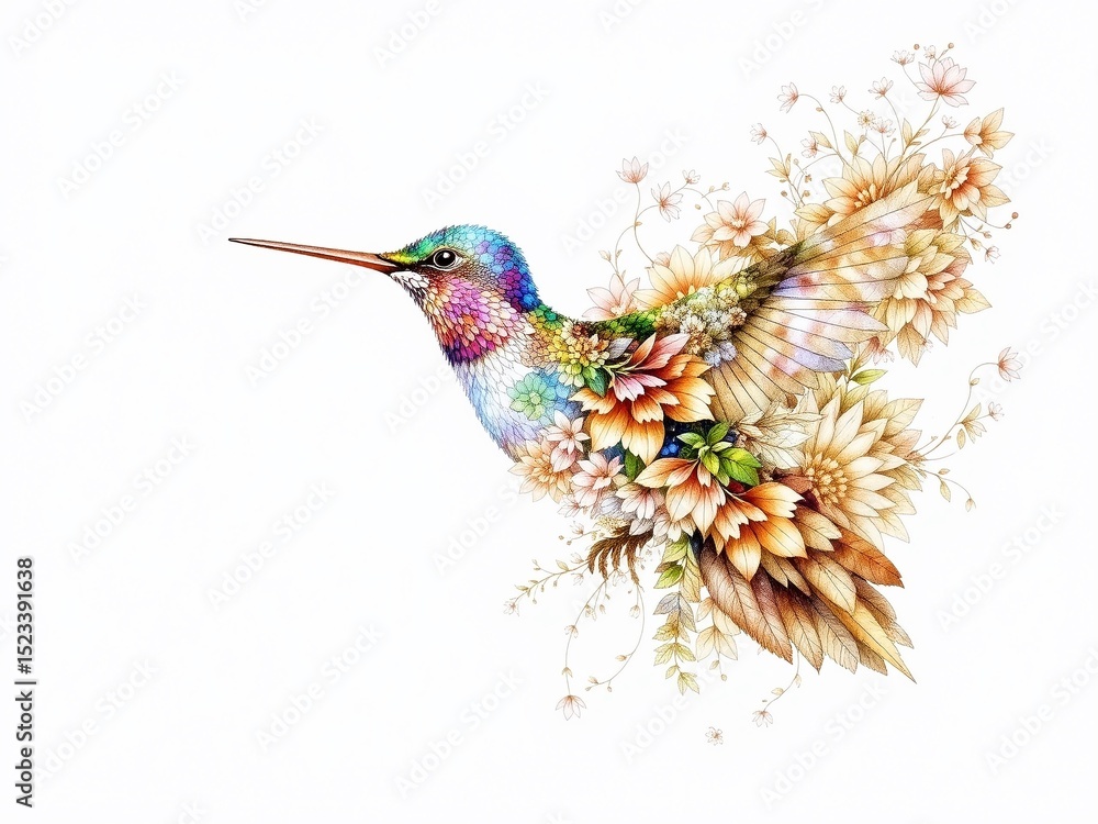 Obraz premium Delicate Hummingbird on Floral Pattern Watercolor Pencil Art