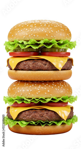 Isolated Close Up of Towering Burger Stacked High Transparent Background