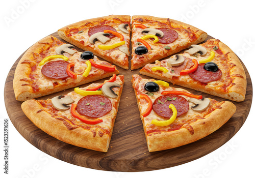 Isolated Close Up Pizza Slices with Pepperoni Mushrooms and Olives