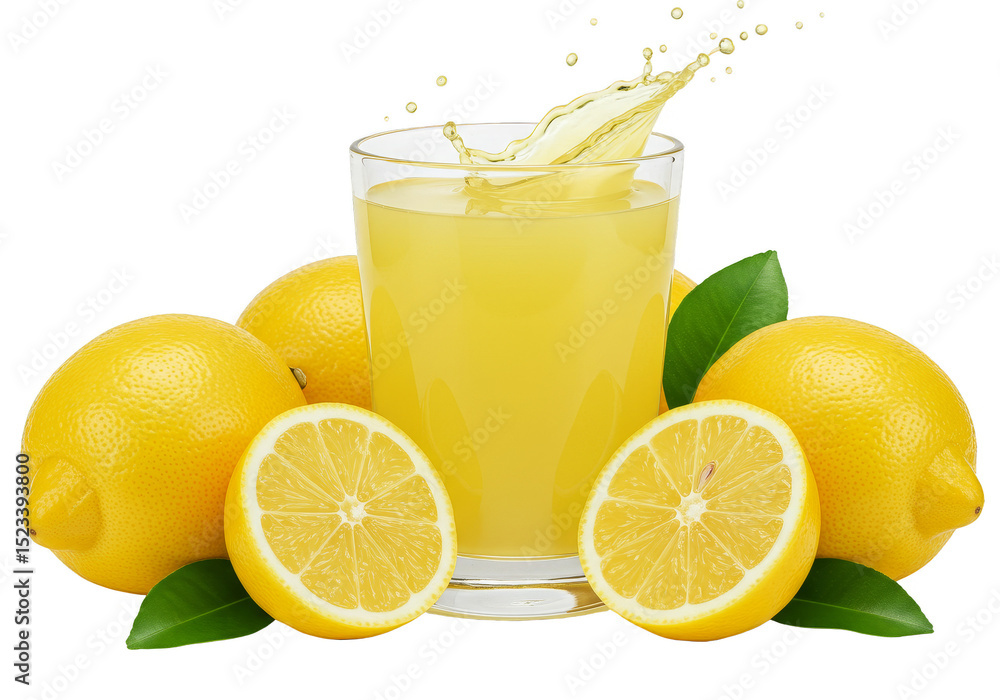 Isolated Fresh Lemon Juice Glass with Splash on Transparent Background Isolated Fresh Lemon Juice Glass with Splash on Transparent Background