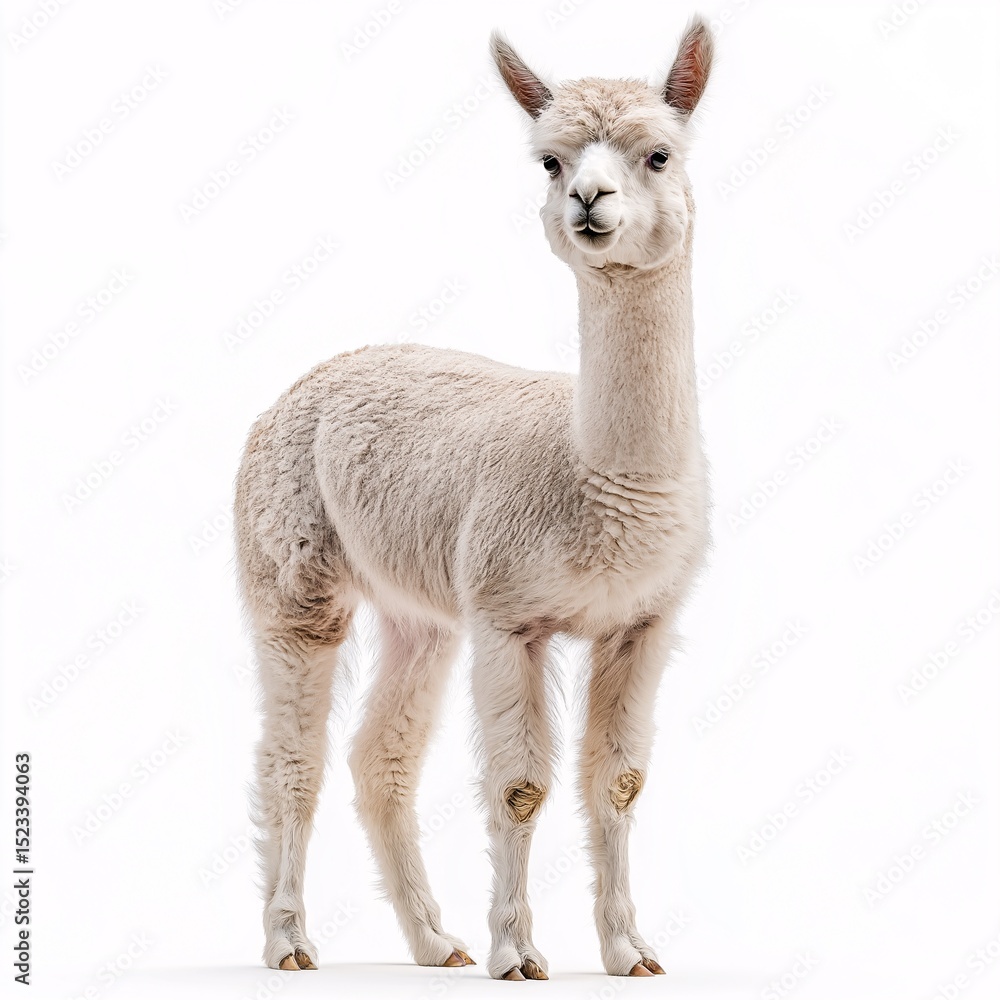 Obraz premium Charming White Alpaca Portrait - Adorable Domestic Livestock with Furry Brown Eyes in Rural Andean Peru