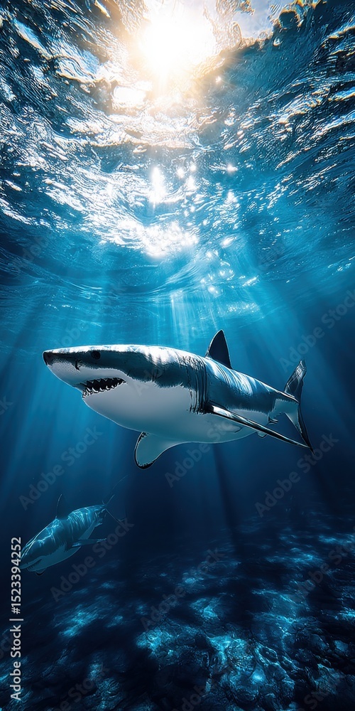 Obraz premium Great White Sharks Swimming Underwater in Ocean Sunlight, Symbolizing Marine Conservation and Environmental Awareness : Generative AI