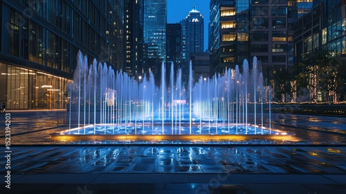 Wallpaper Mural Urban Symphony: Illuminated Fountain Against Modern Cityscape at Twilight Torontodigital.ca