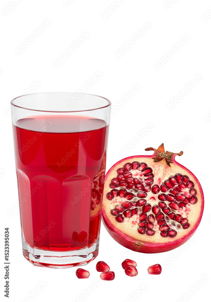 Isolated Transparent Pomegranate Juice with Cut Fruit Rich in Antioxidant Isolated Transparent Pomegranate Juice with Cut Fruit Rich in Antioxidant