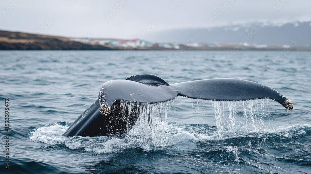 Fototapeta premium Humpback Whale Tail Diving Into the Ocean, Symbolizing Marine Conservation and Environmental Awareness in Coastal Waters : Generative AI