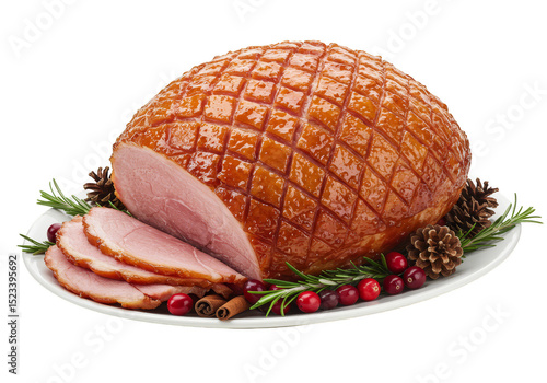 Isolated Holiday Glazed Ham with Fresh Cranberries on Transparent BG