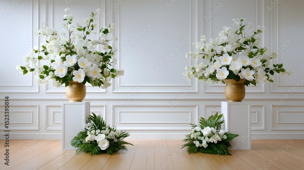 Elegant wedding ceremony with luxurious floral arrangements in a grand interior setting Elegant wedding ceremony with luxurious floral arrangements in a grand interior setting