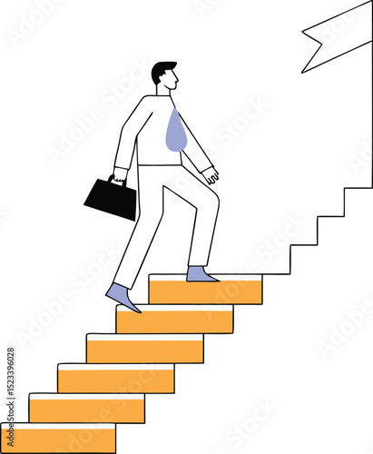 A businessman ascends the stairs to success, Advancing towards success involves taking steps to achieve your goals
