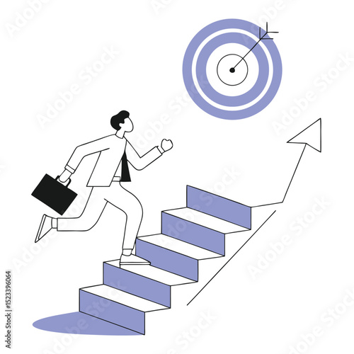 A businessman ascends the stairs to success, Advancing towards success involves taking steps to achieve your goals