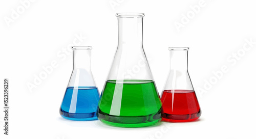 Three clear glass bottles filled with bright green, blue, and red liquids. They feature intricate detail against a pure white background. vector