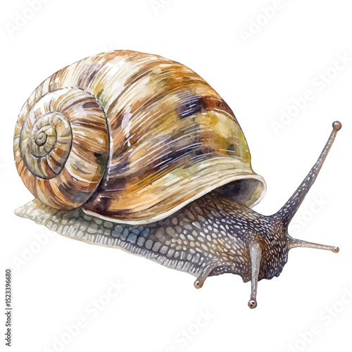 Snail Close Up, watercolor painting vector, high quality, isolated on a white background.