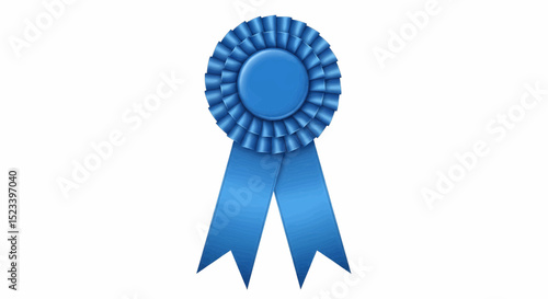 Blue circular award ribbon. It features a pleated outer ring, a smooth raised center, and two satin ribbons extending downward, all in fine detail on a pure white background. vector