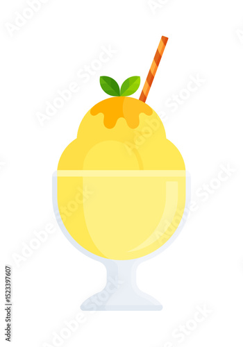 Mango or passion fruit ice cream sundae in glass cup with whipped cream, cookie stick, and leaf decoration. Flat vector illustration isolated on white background. Summer dessert concept