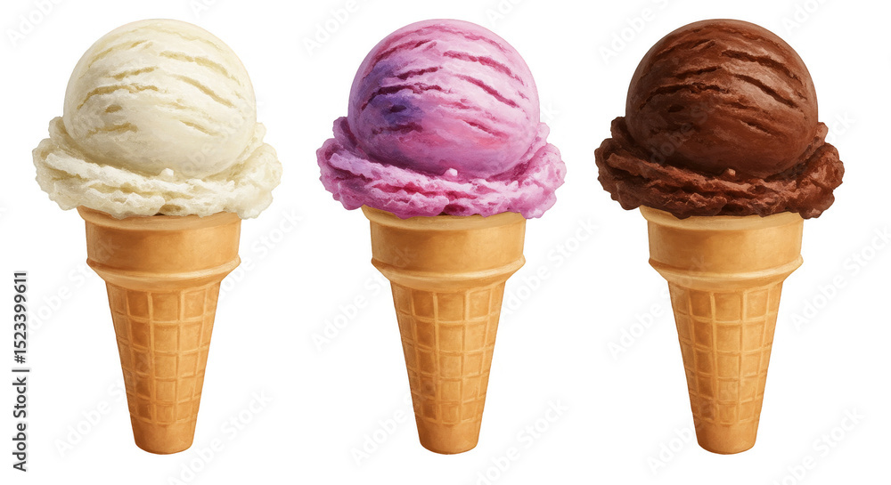 Three Ice Cream Scoops in Cones with Transparent Background Three Ice Cream Scoops in Cones with Transparent Background