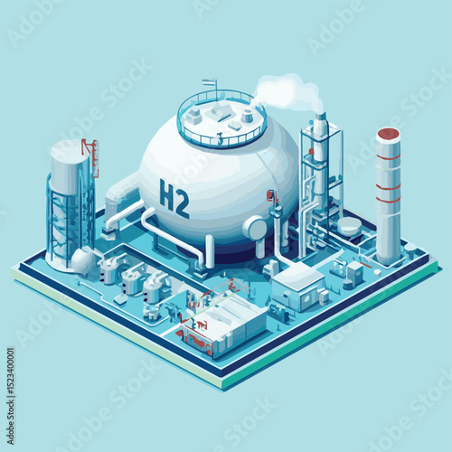 Isometric illustration of a spherical hydrogen storage tank with support structures and labeled H2 symbol used for clean energy and industrial applications