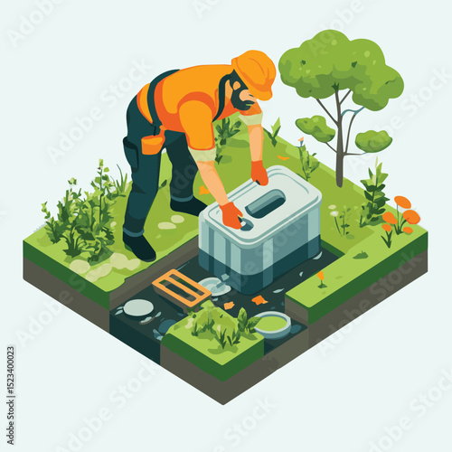 drainage Sewerage Maintenance utilities worker emptying household septic tank cleaning sludge from septic system friendly concept isometic isolated illustration