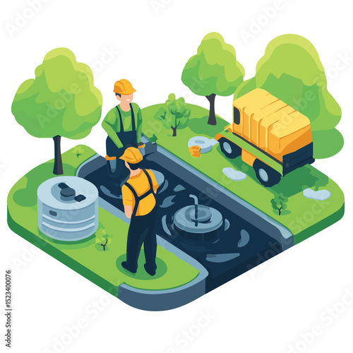 drainage Sewerage Maintenance utilities worker emptying household septic tank cleaning sludge from septic system friendly concept isometic isolated illustration