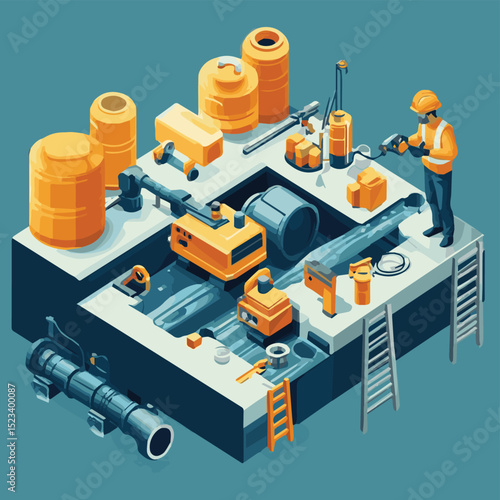 Engineer use Sewer Pipe inspection camera Tools Wastewater constraction site concept isometic isolated illustration, vector style simple color