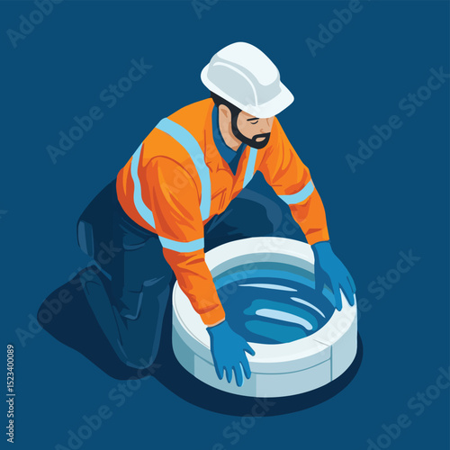 drainage Sewerage Maintenance utilities worker emptying household septic tank cleaning sludge from septic system friendly concept isometic isolated illustration