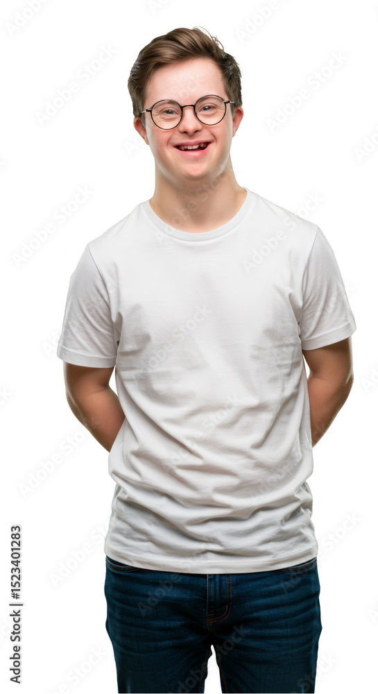 Fototapeta premium Isolated Portrait Man With Down Syndrome In White T-Shirt And Glasses