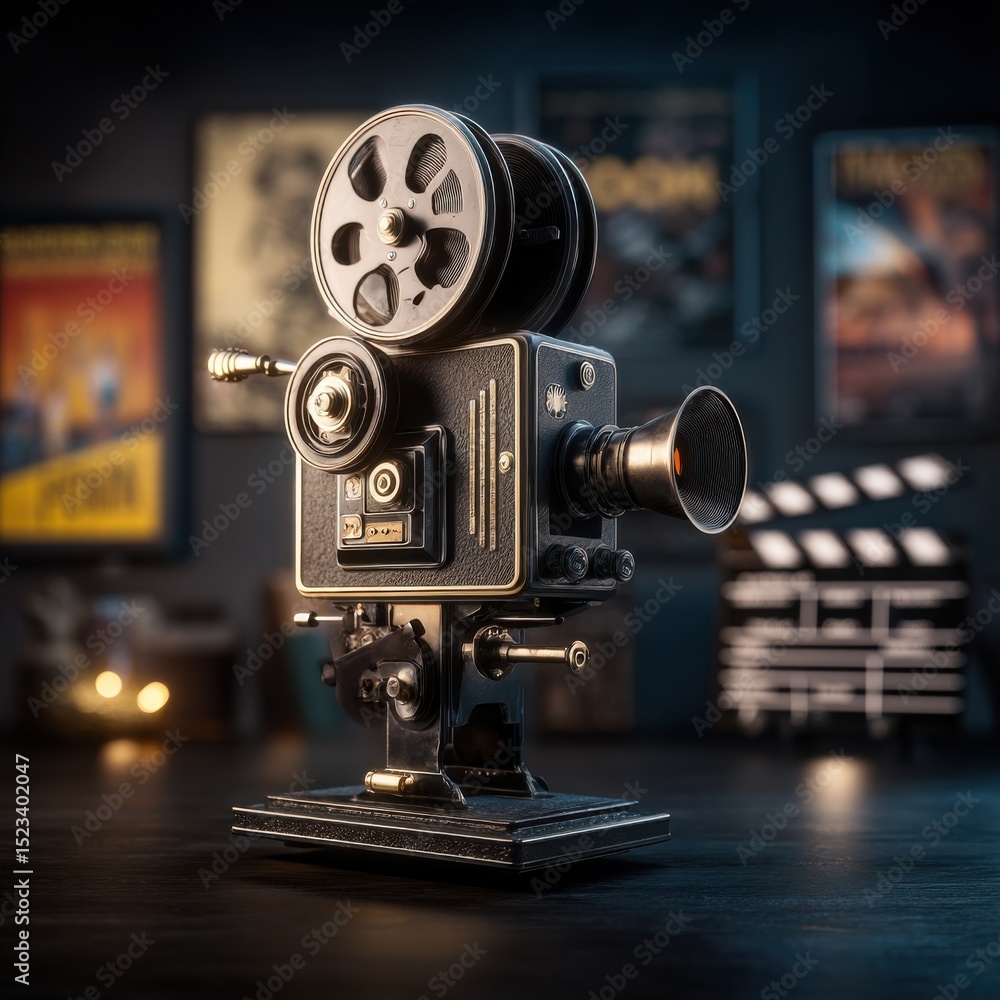 Fototapeta premium Vintage Movie Camera With Clapperboard in Dark Room, Representing Film Production and Cinematic Storytelling, Perfect for Nostalgia and Entertainment : Generative AI