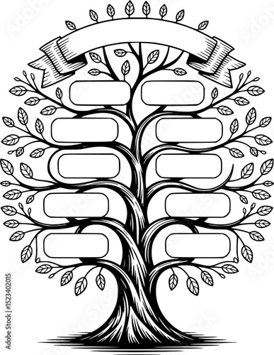 Elegant genealogy  Family Tree vector – Hand Drawn Black and White Heritage Tree with Blank Name Spaces – Cricut Ready Line Art for DIY Projects