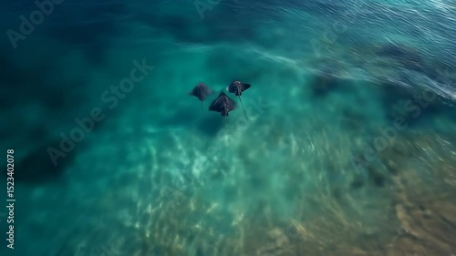 Wallpaper Mural Two manta rays glide gracefully through turquoise ocean waters meeting sandy shores a tranquil marine scene Torontodigital.ca