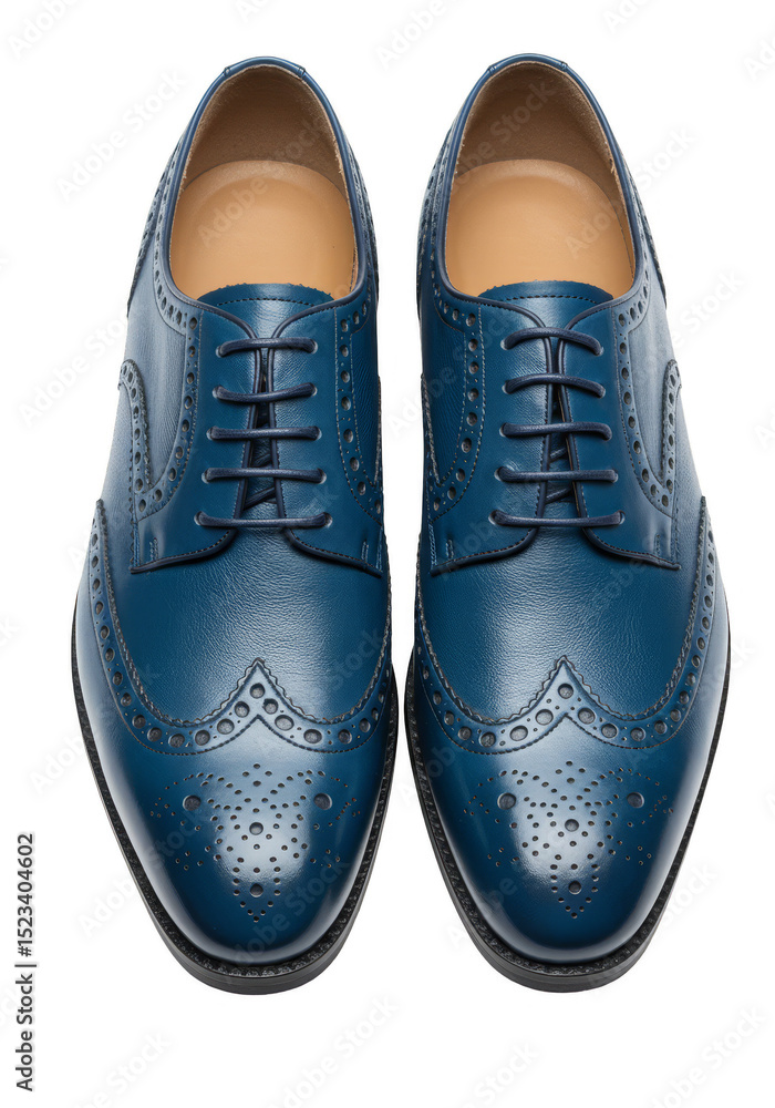 Isolated Top View of Shiny Blue Leather Brogues Dress Shoes For Men Isolated Top View of Shiny Blue Leather Brogues Dress Shoes For Men