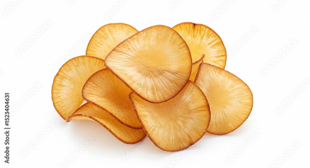 Golden Cassava Chips: Crispy, Thin, and Deliciously Arranged on White Background Golden Cassava Chips: Crispy, Thin, and Deliciously Arranged on White Background