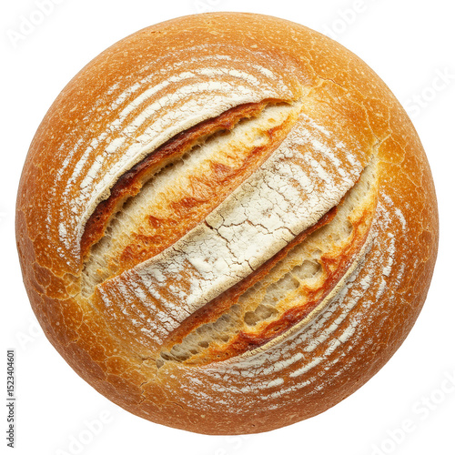 Isolated Top View of Round Crusty Bread Loaf with Wheat Grain