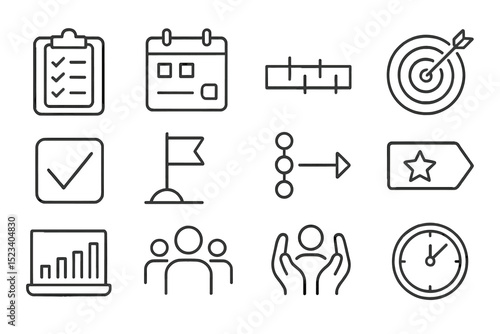 Monochrome icon set for planning and organization on gray background