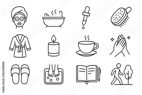 Wellness icons: spa, relaxation, self-care symbols on dark background