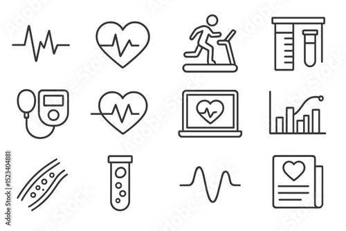 Medical fitness icons with heart, treadmill, and heartbeat symbols