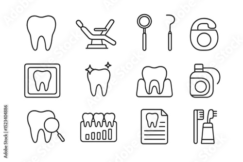 Dental icons set featuring tools, toothpaste, floss, and chair
