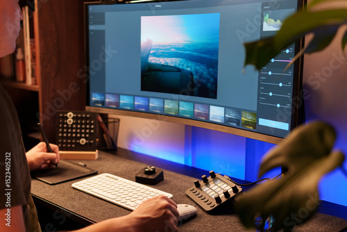 Photographer retouching an aerial cloudscape photo on a computer using professional editing software