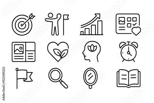 Set of icons: growth, health, and productivity themes in black outline style