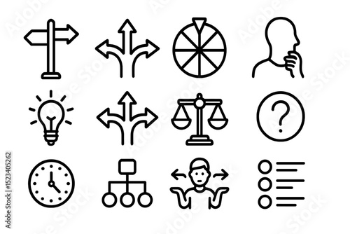 Icons of direction, decision-making, and time management on dark background