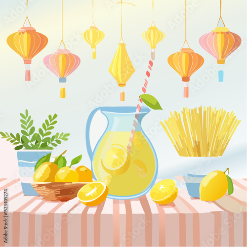 Colorful illustration of a refreshing lemonade pitcher with lemons, a basket of citrus fruits, and decorative lanterns, creating a vibrant summer atmosphere with cheerful elements