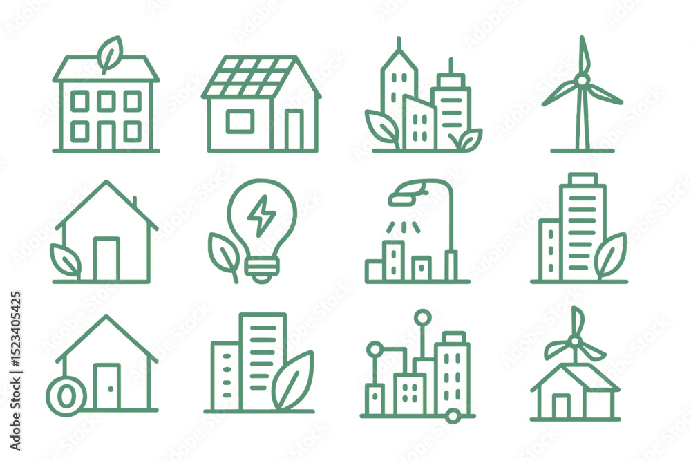Fototapeta premium Eco-friendly building icons on green background with renewable energy symbols