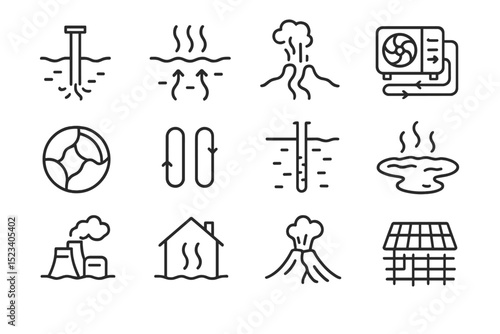 Geothermal energy icons: volcano, thermometer, renewable, heating, cooling