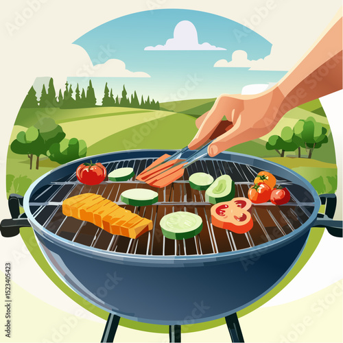 Hand using tongs to grill colorful vegetables and salmon on a barbecue, surrounded by a scenic landscape with green trees and blue sky, evoking summer outdoor cooking joy