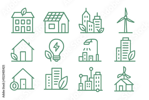 Eco-friendly building icons on green background with renewable energy symbols
