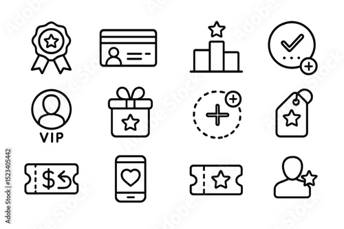 Loyalty program icons: rewards, discounts, vip perks, gift boxes, tickets, stars