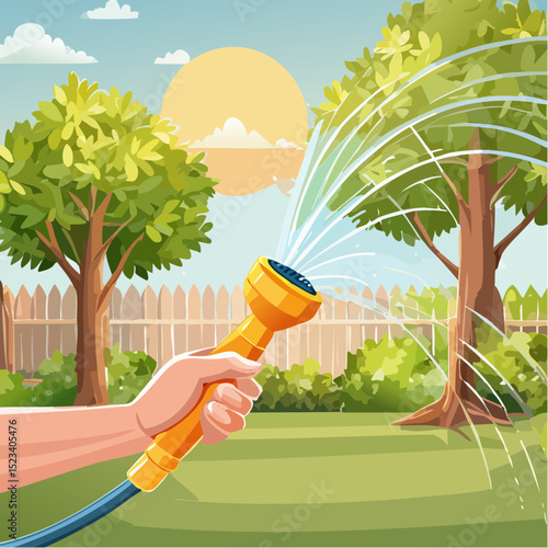Hand holding a garden hose with a spray nozzle watering lush green grass and trees in a backyard, under a bright sun and blue sky, creating a refreshing outdoor scene