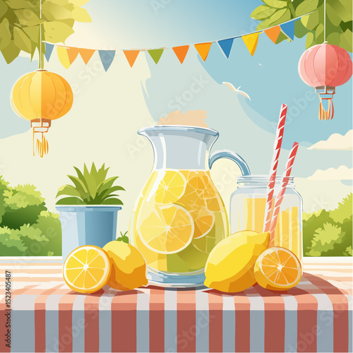 Refreshing lemonade pitcher filled with lemon slices, accompanied by fresh lemons and a jar with straws, set on a checkered tablecloth in a vibrant outdoor garden scene