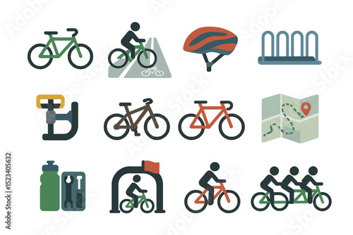 Bicycle icons set: helmet, map, rack, tools, cycling illustrations