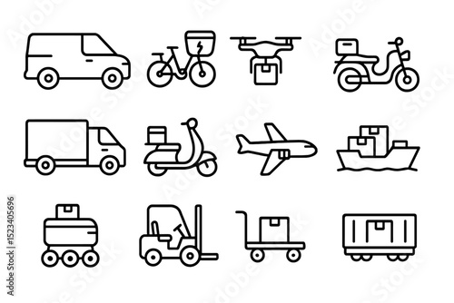 Transport icons set: vehicles, bicycle, drone, airplane, ship, forklift