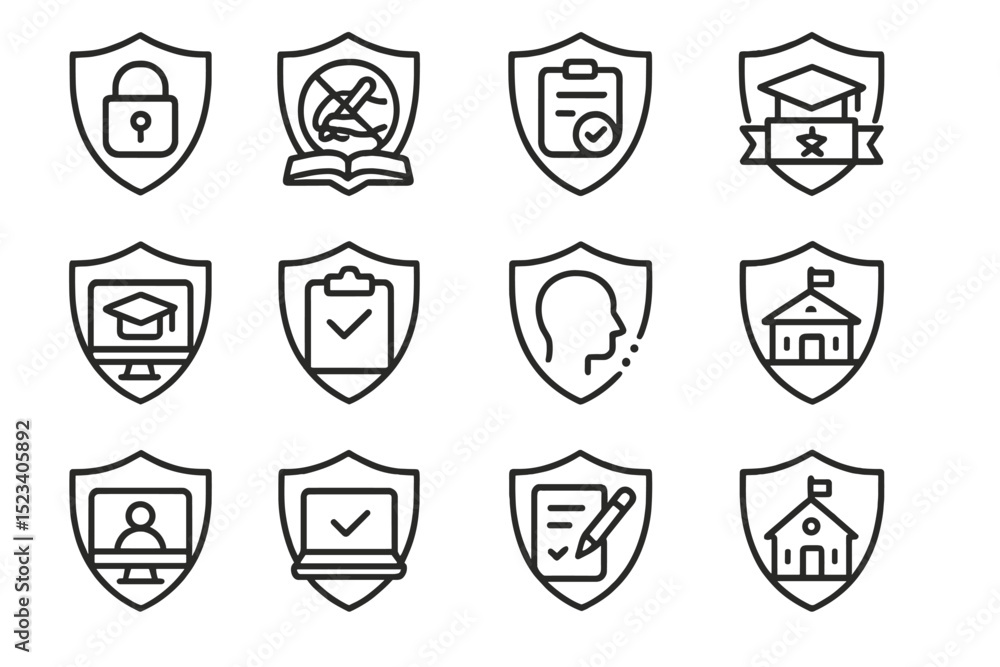 Security and education icons: lock, graduation, checklist, school in shields Security and education icons: lock, graduation, checklist, school in shields