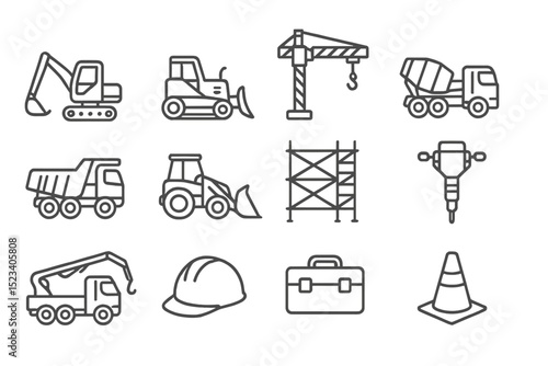 Construction equipment and tools icons set on gray background