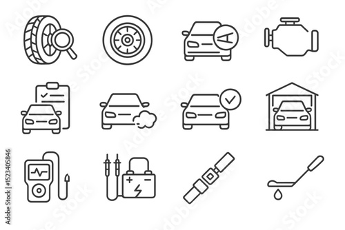 Automotive maintenance icons: car, engine, battery, tire, garage